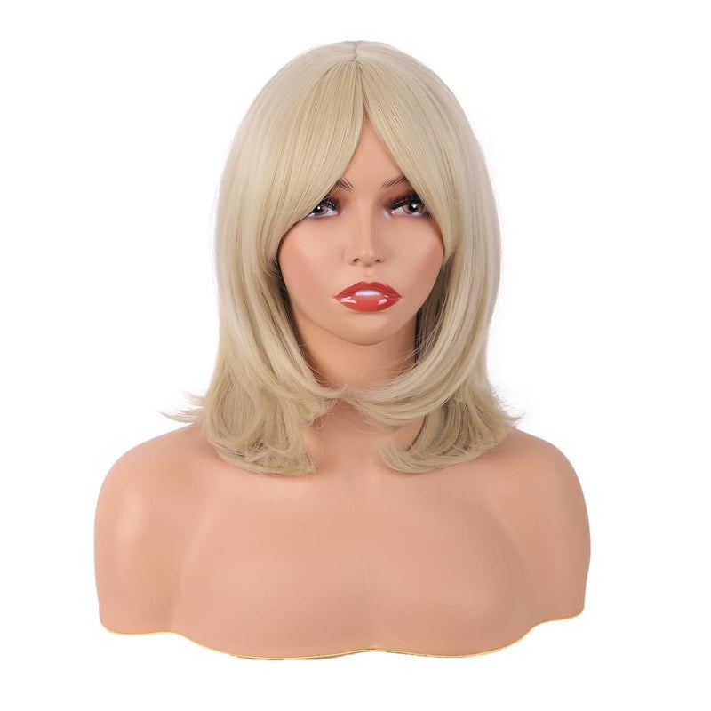MapofBeauty 18 Inch45 cm Layered Bangs Straight Synthetic Fiber Shoulder Length Hair Daily Use Wig Blonde