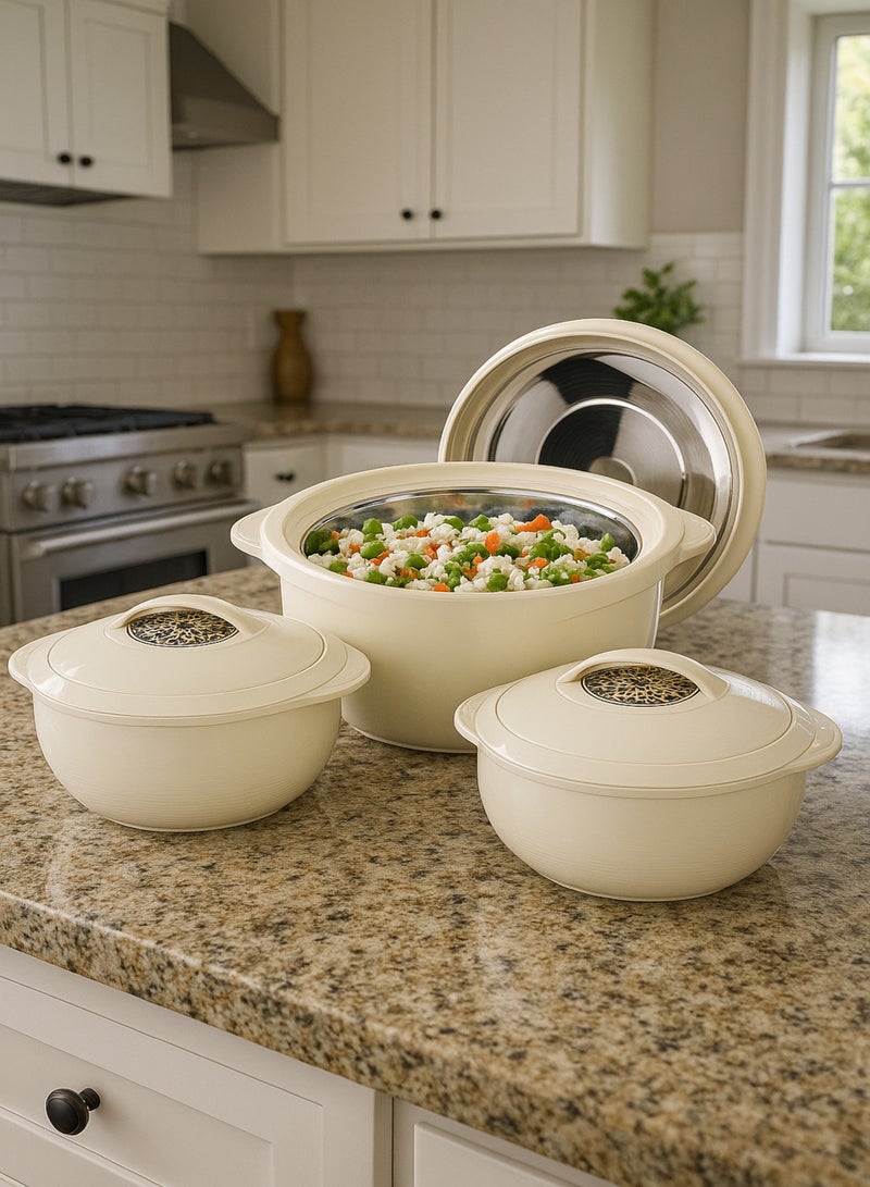 BASURRAH 3-Piece Thermal Food Container Set - Beige - Made in India - 2.5L + 1.5L + 1.0L - Stainless Steel Inner - Image 1