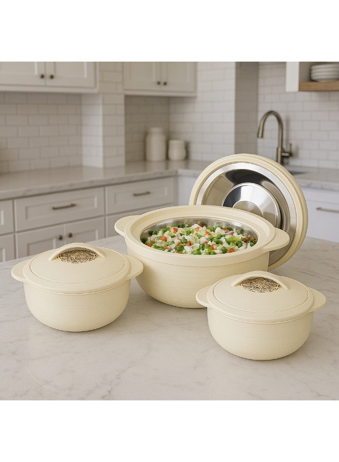 BASURRAH 3-Piece Thermal Food Container Set - Beige - Made in India - 2.5L + 1.5L + 1.0L - Stainless Steel Inner - Image 2