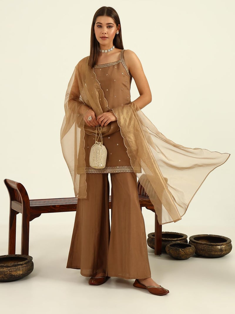 FIORRA Women's Brown Viscose Chanderi Straight Kurta with Palazzo and Dupatta SET0178 - Image 5