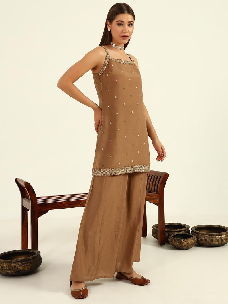 FIORRA Women's Brown Viscose Chanderi Straight Kurta with Palazzo and Dupatta SET0178 - Image 3
