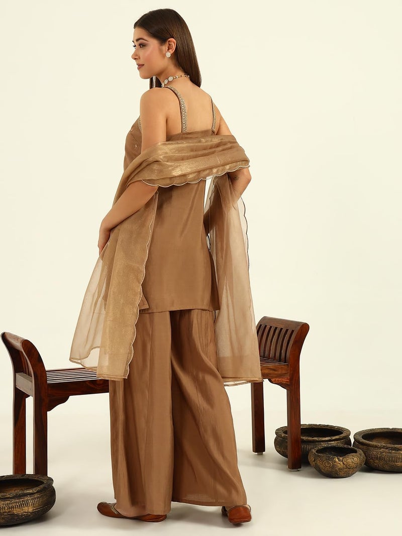 FIORRA Women's Brown Viscose Chanderi Straight Kurta with Palazzo and Dupatta SET0178 - Image 2