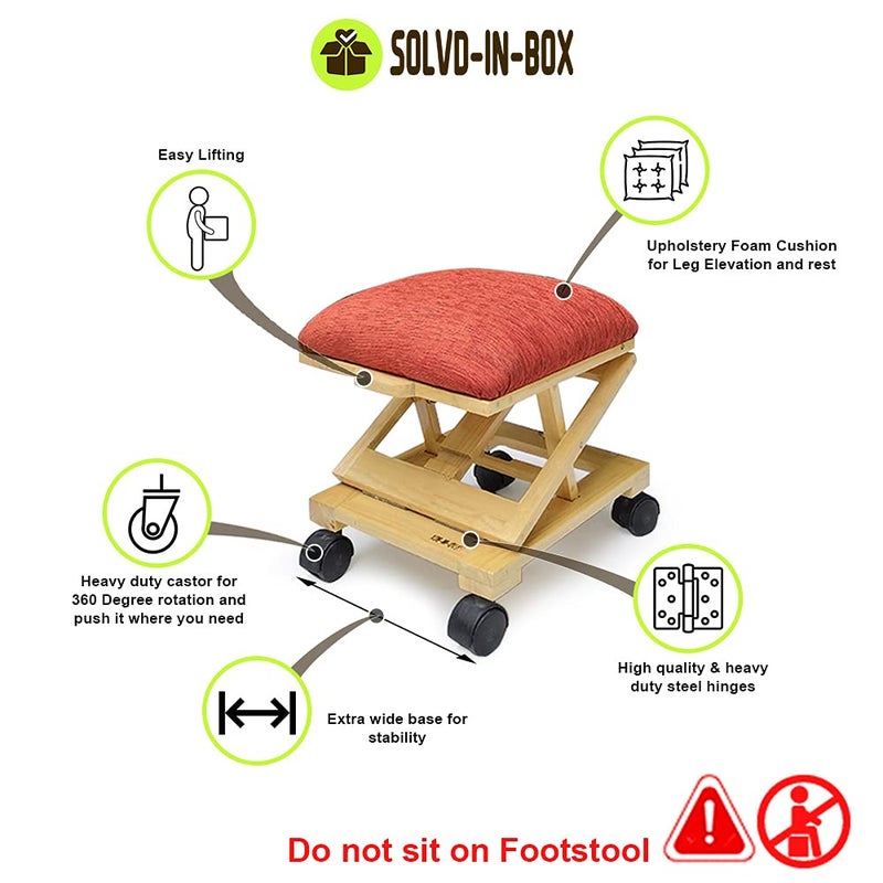 SOLVD-IN-BOX SOLVDINBOX Foot Stool Wooden with Cushion Adjustable Foot Rest Under Desk Foot Rest Stool Seating Stool Fabric Upholstered Foam Ottoman Footrest Stool with Wheels for Living Room Ergonomic Footrest - Image 2