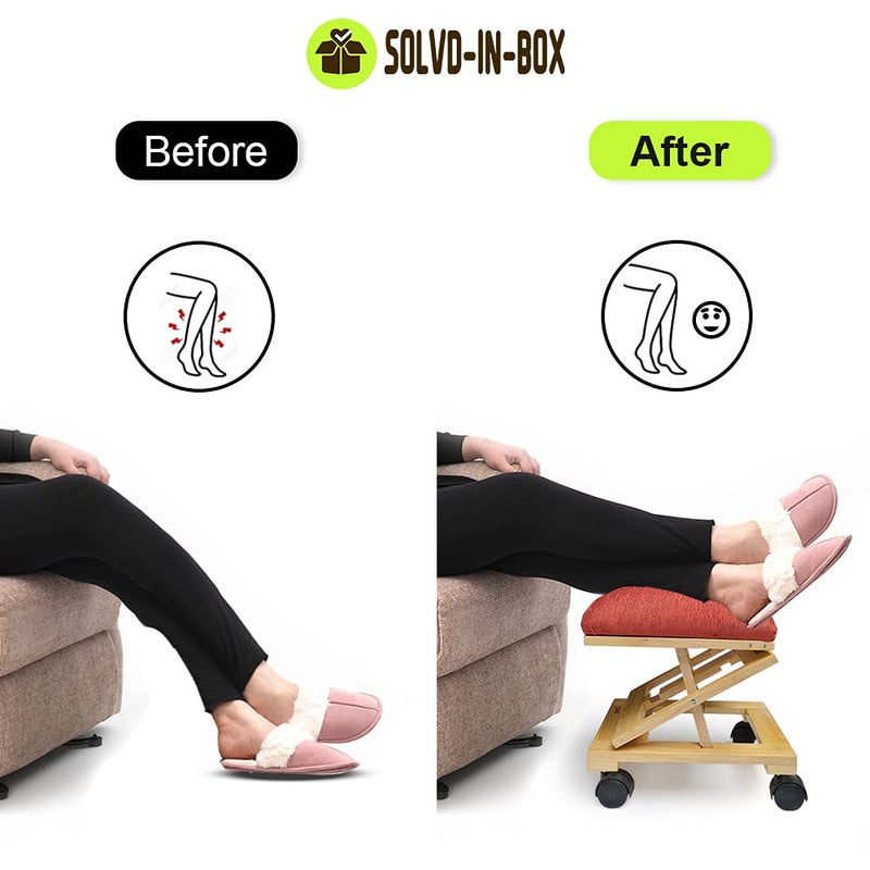 SOLVD-IN-BOX SOLVDINBOX Foot Stool Wooden with Cushion Adjustable Foot Rest Under Desk Foot Rest Stool Seating Stool Fabric Upholstered Foam Ottoman Footrest Stool with Wheels for Living Room Ergonomic Footrest - Image 5