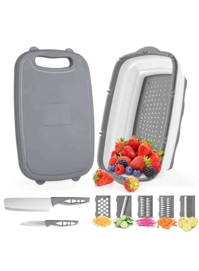 Gintan Camping Cutting Board, 9-in-1 Collapsible Chopping Board with Colander, Gifts for Campers Happy Camper,Camping Accessories for RV Campers (Gray) - Image 1