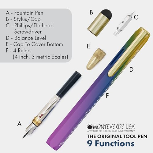 MONTEVERDE USA 9-in-1 Tool Fountain Pen in Rainbow – Stub Nib, PVD-Coated Multifunctional Pen with Stylus, Screwdrivers, Level, and Ruler – Exclusive Collection, Ideal Gift for Calligraphers - Image 3