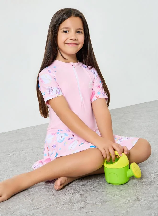 Styli Girls Bear Print Swimsuit with Half-Zip