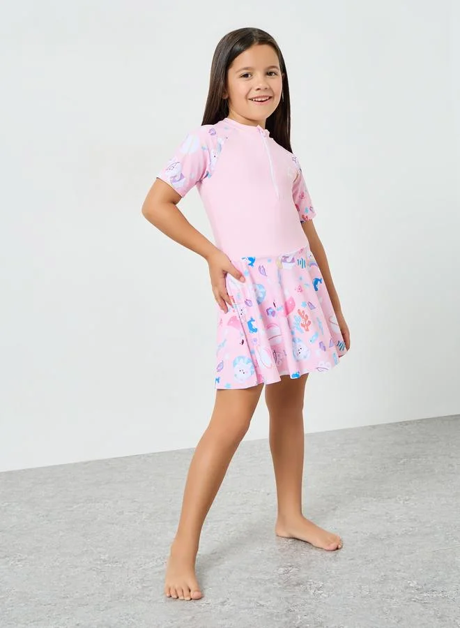 Styli Girls Bear Print Swimsuit with Half-Zip