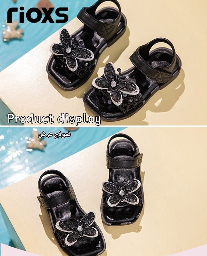 RIOXS Little Girls Flat Sandals, Dressy Ankle Strap Sandal for Kids Girls, Open Toe Slides Flats Butterfly Sandals, Anti-slip Toddler Baby Girls' Comfort Shoes, Little Princess Dressy Sandals for Wedding/ Party/ School, Floral Sandals Dress Sandals for Daily Wear, Stylish Vacation Sandals, Fashion Footwear Black - Image 2