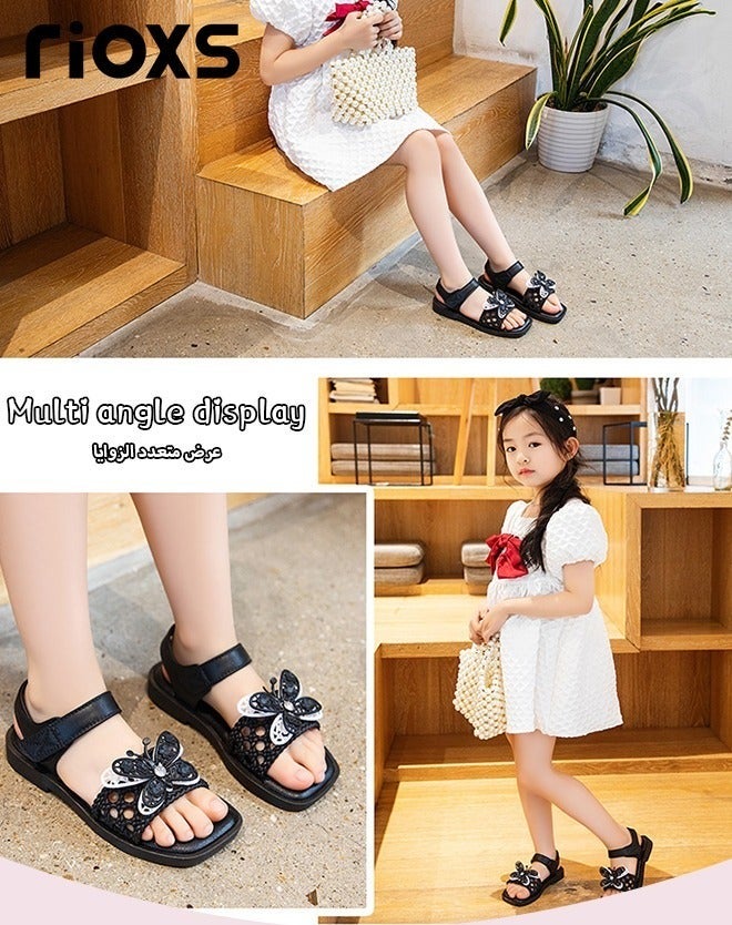 RIOXS Little Girls Flat Sandals, Dressy Ankle Strap Sandal for Kids Girls, Open Toe Slides Flats Butterfly Sandals, Anti-slip Toddler Baby Girls' Comfort Shoes, Little Princess Dressy Sandals for Wedding/ Party/ School, Floral Sandals Dress Sandals for Daily Wear, Stylish Vacation Sandals, Fashion Footwear Black - Image 3