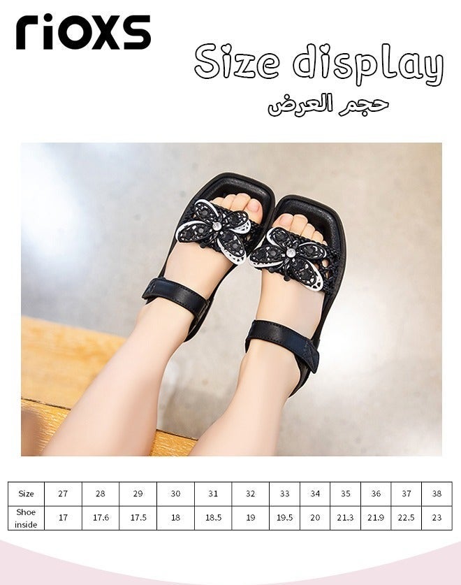 RIOXS Little Girls Flat Sandals, Dressy Ankle Strap Sandal for Kids Girls, Open Toe Slides Flats Butterfly Sandals, Anti-slip Toddler Baby Girls' Comfort Shoes, Little Princess Dressy Sandals for Wedding/ Party/ School, Floral Sandals Dress Sandals for Daily Wear, Stylish Vacation Sandals, Fashion Footwear Black - Image 4