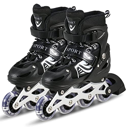 LONGMIRE Inline Skates Size Adjustable All Pure PU Strong Wheels Aluminium with LED Flash Light on Wheels, Skating Boy Age Group 6-15 Years Big Size (39-42)(Black) - Image 1