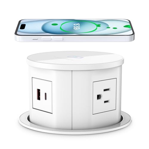 ANNQUAN 4.75inch Pop Up Outlet for Countertop with 15W Wireless Charger,4 Outlet,1 USB-C,1 USB-A,Pop Up Power Outlet for Table Workbench Nightstand - Image 1