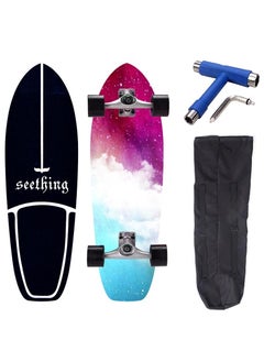 Seething 30 Inch CX4 Surf Skateboard With Backpack & Tool, Pink Blue Galaxy 