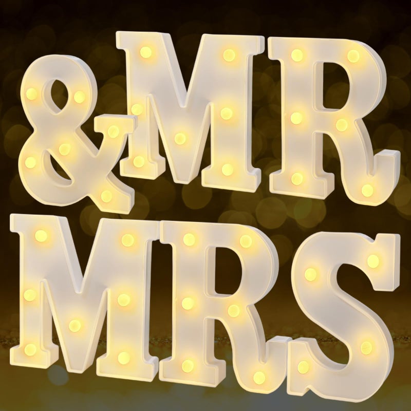 JUSTOTRY 6Pcs Mr & Mrs LED Light Up Letters, 6.2 Inch Shiny Freestanding Mr and Mrs Sign Lights for Marriage Anniversary Celebration Engagement Banquet Wedding Table Decoration (Warm White) - Image 1