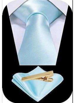 Tezzgelsin Men's Satin Tie Handkerchief and Gold Steel Tie Clip Set  - Image 2
