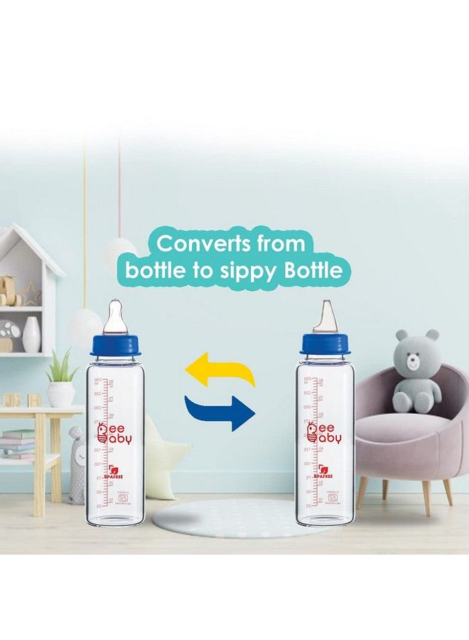 Beebaby Advance+ 2 In 1 Slim Neck Glass Feeding Bottle To Sippy Glass Bottle With Anticolic Silicone Nipple & Silicone Sippy Spout. (250 Ml 8 Oz.) (Blue) 8 Months + - Image 3