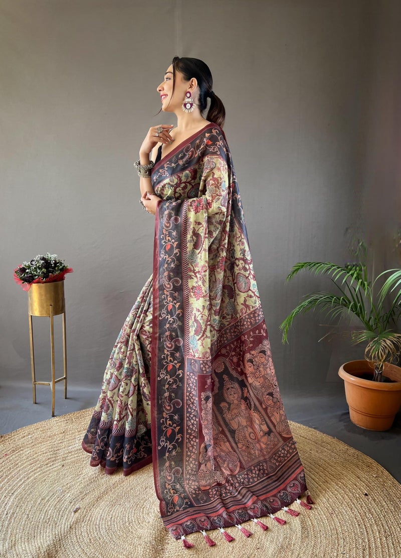SGF11 Women's Kalamkari Cotton Linen Silk Saree With Blouse Piece (Pista Green) - Image 4