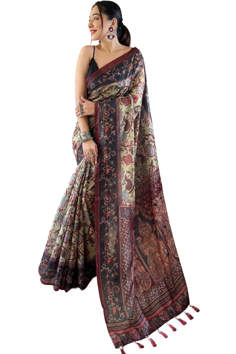 SGF11 Women's Kalamkari Cotton Linen Silk Saree With Blouse Piece (Pista Green) - Image 1