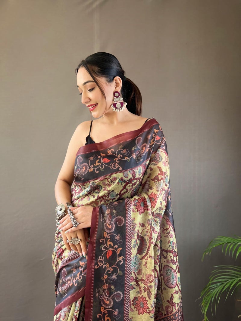 SGF11 Women's Kalamkari Cotton Linen Silk Saree With Blouse Piece (Pista Green) - Image 3