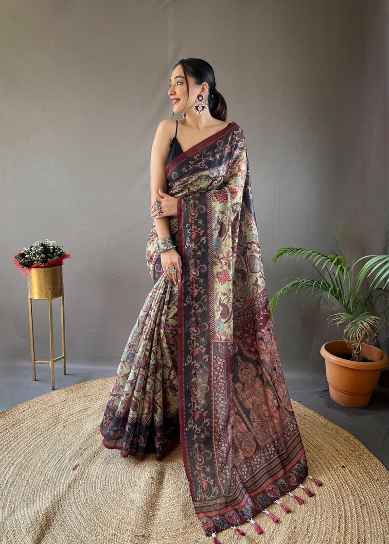 SGF11 Women's Kalamkari Cotton Linen Silk Saree With Blouse Piece (Pista Green) - Image 2