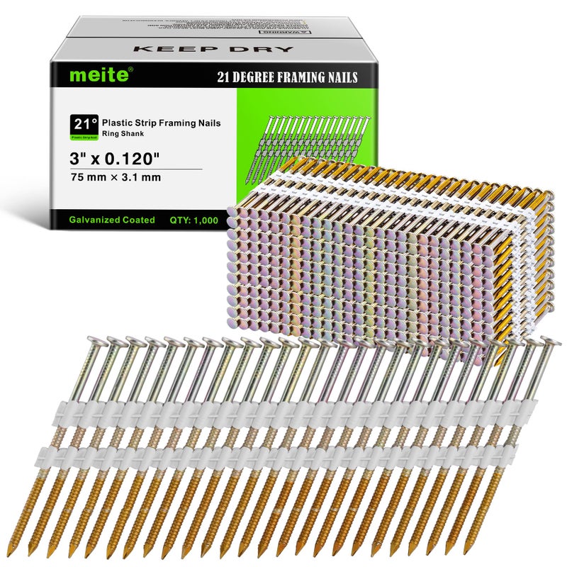 meite 21 Degree Framing Nails 3 Inch 0.120'' Ring Shank Galvanized Plastic Collated Nails, Full Round Head Structural Nails for Framing Nailer Gun on Truss Assembly and Subfloors 1,000PCS - Image 1
