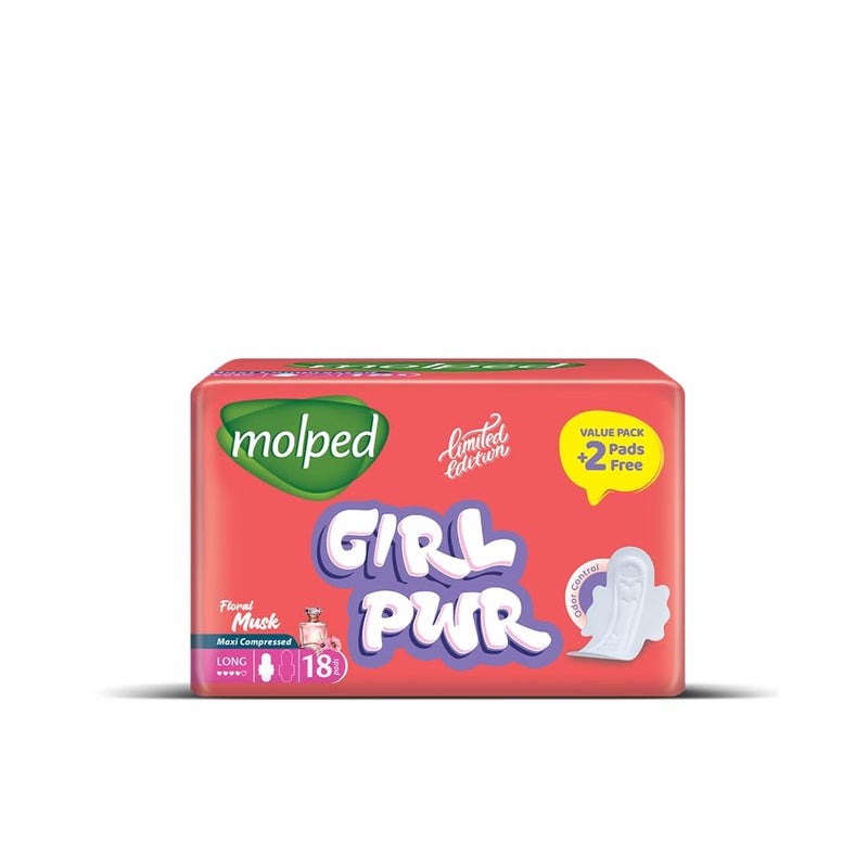 Molped Girl Power Sanitary Pad, Long, Value Pack 18 Units, Cotton Material, Maxi Compressed, Floral Musk for Heavy Flow