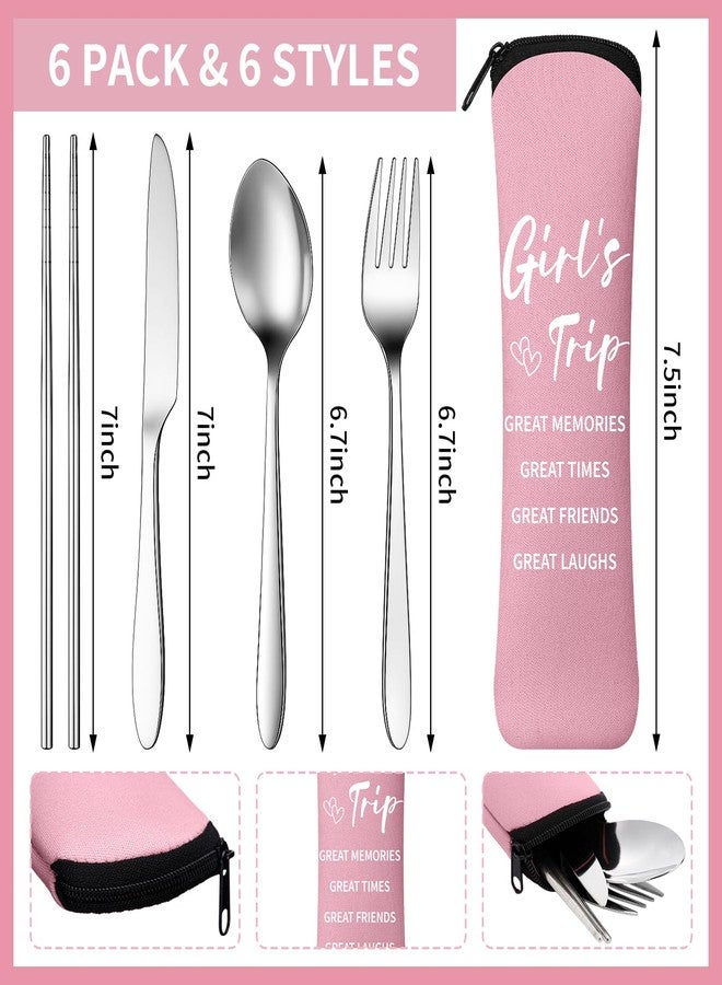 Singhoow 6 Pack Girls Trip Gifts Portable Travel Cutlery Set with Case Girls Trip Favors for Sisters Friends Bestie Bachelorette Travel Gifts Reusable Flatware Sets - Image 2