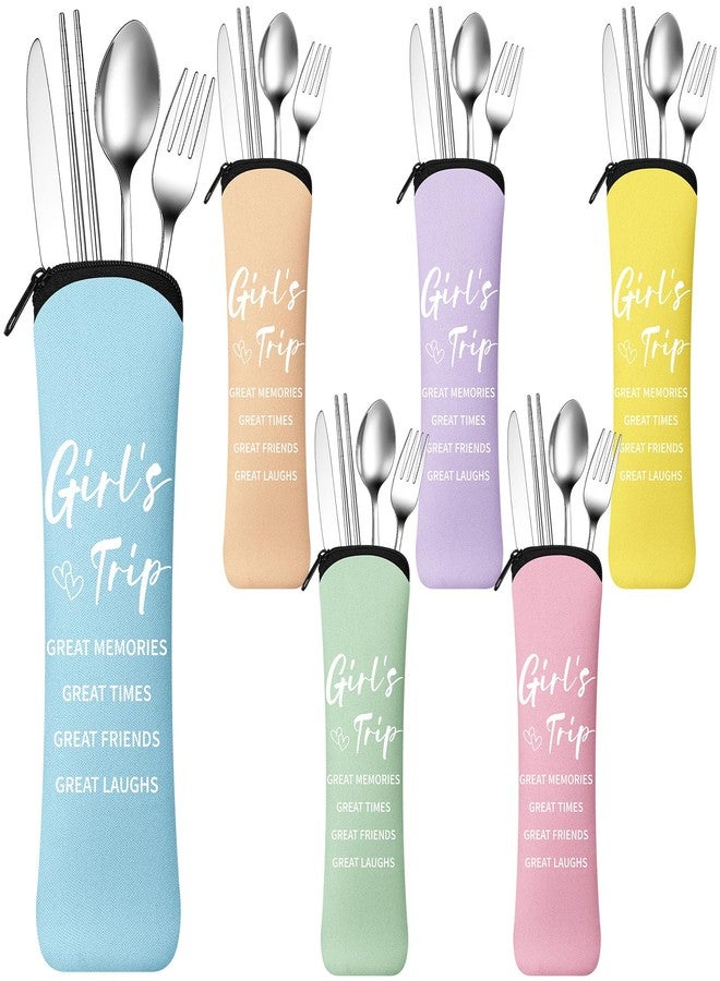 Singhoow 6 Pack Girls Trip Gifts Portable Travel Cutlery Set with Case Girls Trip Favors for Sisters Friends Bestie Bachelorette Travel Gifts Reusable Flatware Sets - Image 1