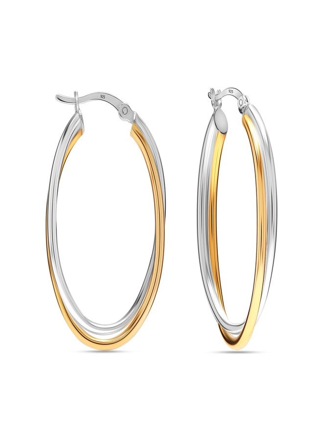 ليكالا أقراط حلقية ثنائية اللون من الفضة الإسترليني عيار 925 من LeCalla للنساء | أقراط حلقية كبيرة بيضاوية الشكل متشابكة مطلية بالذهب عيار 14 قيراطًا، 40 مم، فضة إسترليني، بدون أحجار كريمة - Image 1