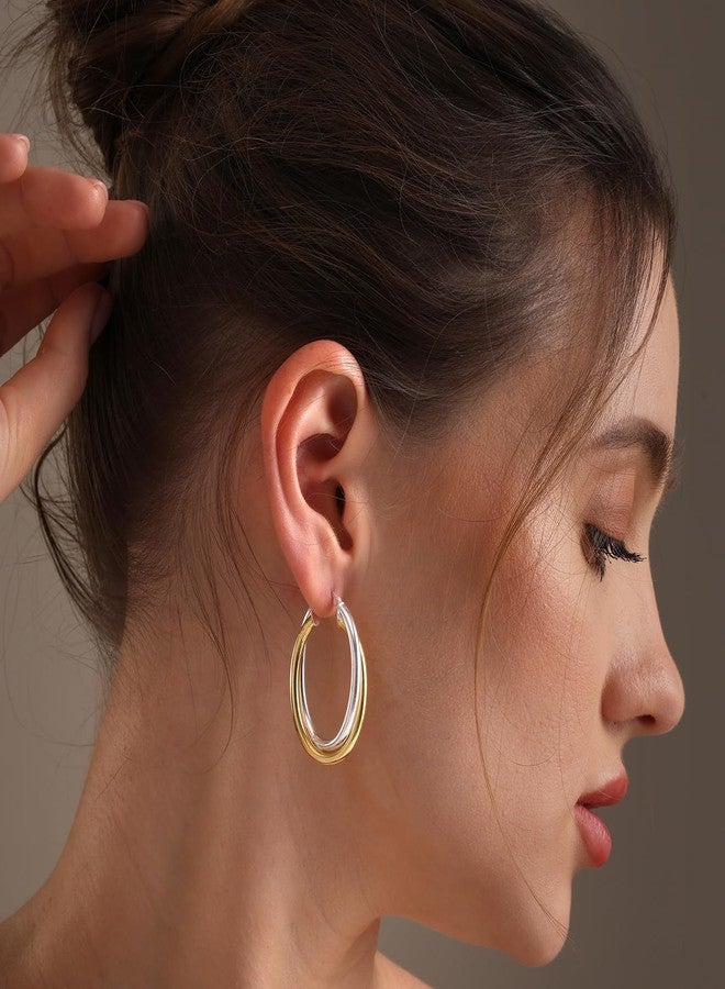 ليكالا أقراط حلقية ثنائية اللون من الفضة الإسترليني عيار 925 من LeCalla للنساء | أقراط حلقية كبيرة بيضاوية الشكل متشابكة مطلية بالذهب عيار 14 قيراطًا، 40 مم، فضة إسترليني، بدون أحجار كريمة - Image 2