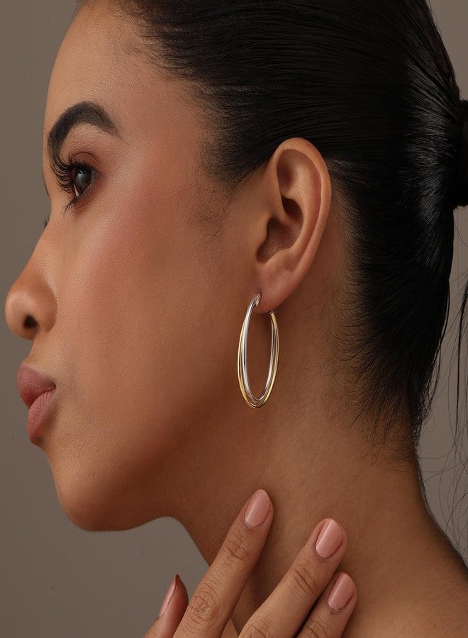 ليكالا أقراط حلقية ثنائية اللون من الفضة الإسترليني عيار 925 من LeCalla للنساء | أقراط حلقية كبيرة بيضاوية الشكل متشابكة مطلية بالذهب عيار 14 قيراطًا، 40 مم، فضة إسترليني، بدون أحجار كريمة - Image 3