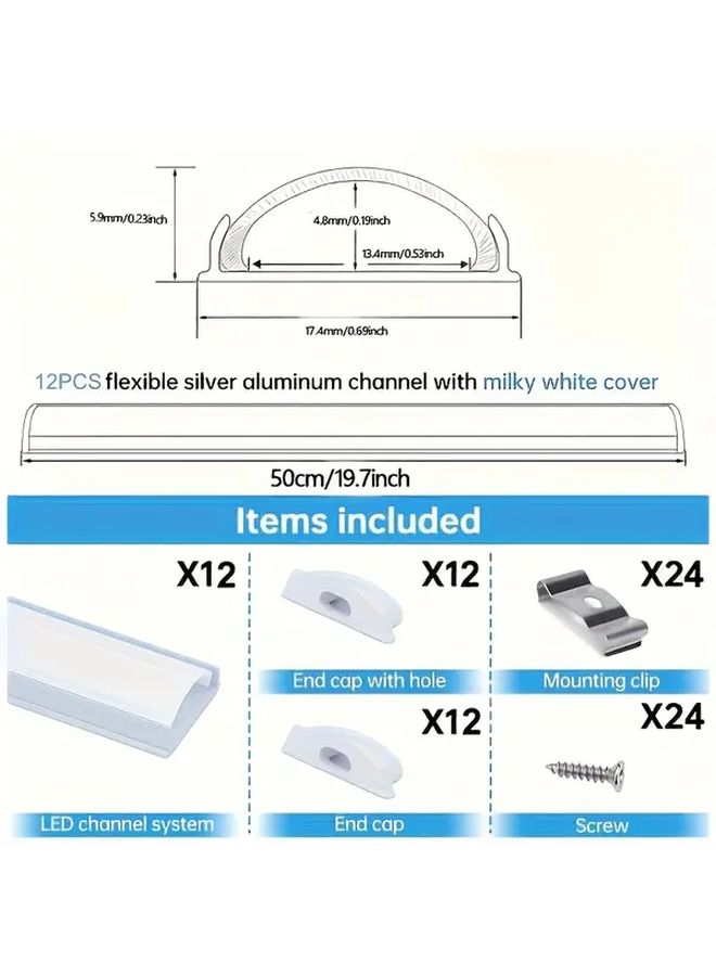 12 Pack 19.69 Inch Flexible Silvery LED Channel With Milky White Diffuser Lens Bendable Aluminum Profile For Strip Tape Light Anodized Curved Mount - Image 2