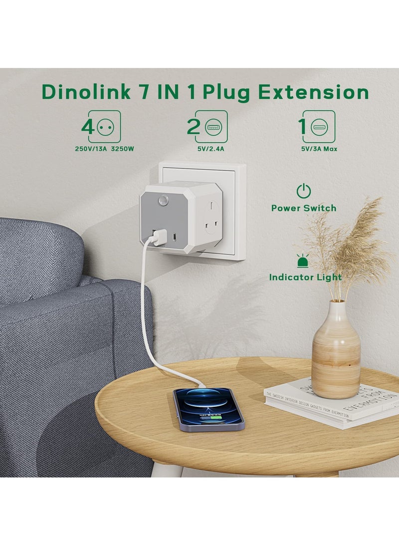 SYOSI 7-in-1 Multi Plug Adapter with 1 USB C 2 USB A 4 Way 3 Plugs Socket adapter USB Wall Charger 4 Way Wall Socket Extension 13A UK Power Cube Extender for Travel Home Office Kitchen 13A 3250W  - Image 2