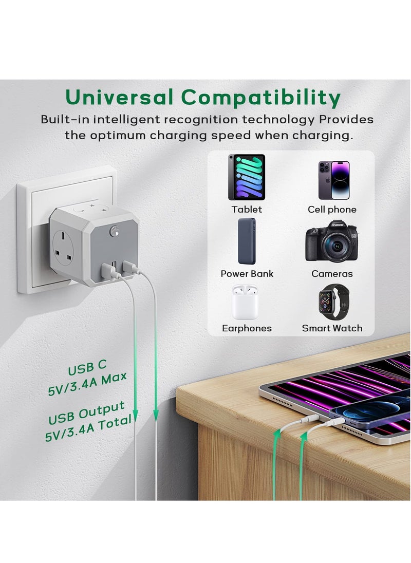 SYOSI 7-in-1 Multi Plug Adapter with 1 USB C 2 USB A 4 Way 3 Plugs Socket adapter USB Wall Charger 4 Way Wall Socket Extension 13A UK Power Cube Extender for Travel Home Office Kitchen 13A 3250W  - Image 3