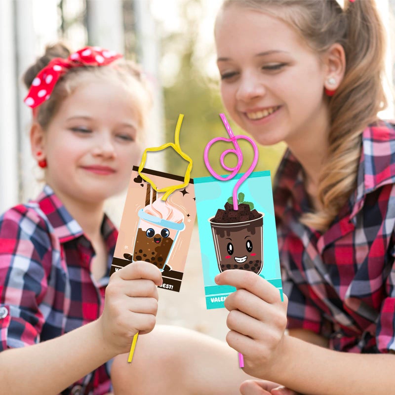 Shemira Valentines Day Cards For Kids With 32 Pack Of Crazy Loop Reusable Drinking Straws  Bulk Valentine Exchange Cards For Girls Boys School Class Exchange Gifts Prizes  Valentine'S Party Favors  8 Styles - Image 5