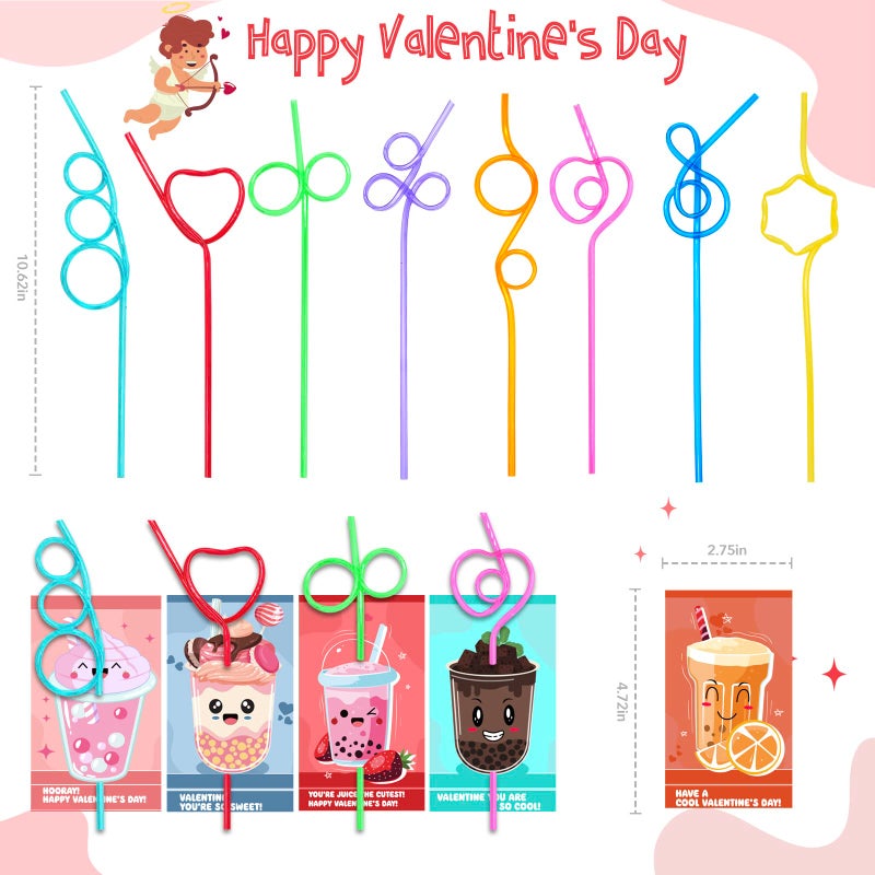 Shemira Valentines Day Cards For Kids With 32 Pack Of Crazy Loop Reusable Drinking Straws  Bulk Valentine Exchange Cards For Girls Boys School Class Exchange Gifts Prizes  Valentine'S Party Favors  8 Styles - Image 4