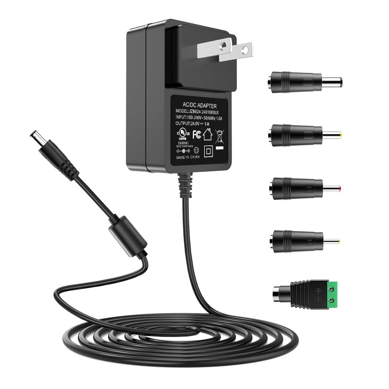 Mareisa 24V DC Power Supply, 100-240V AC to DC 24V 1A Power Adapter UL Listed for 24V 0-1A LED Strip Light CCTV Camera Bluetooth Speaker Air Cleaner Massage Gun Mini Printer 5.5mmx2.5mm DC Plug with 5 Tips - Image 1