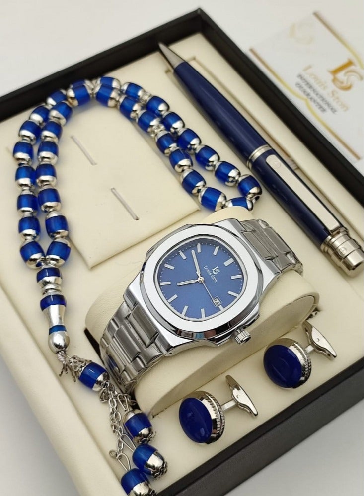 Louis Ston A gift set for a high-quality men's watch from Louis Ston, with a silver bracelet and a Blue dial with the date display 
