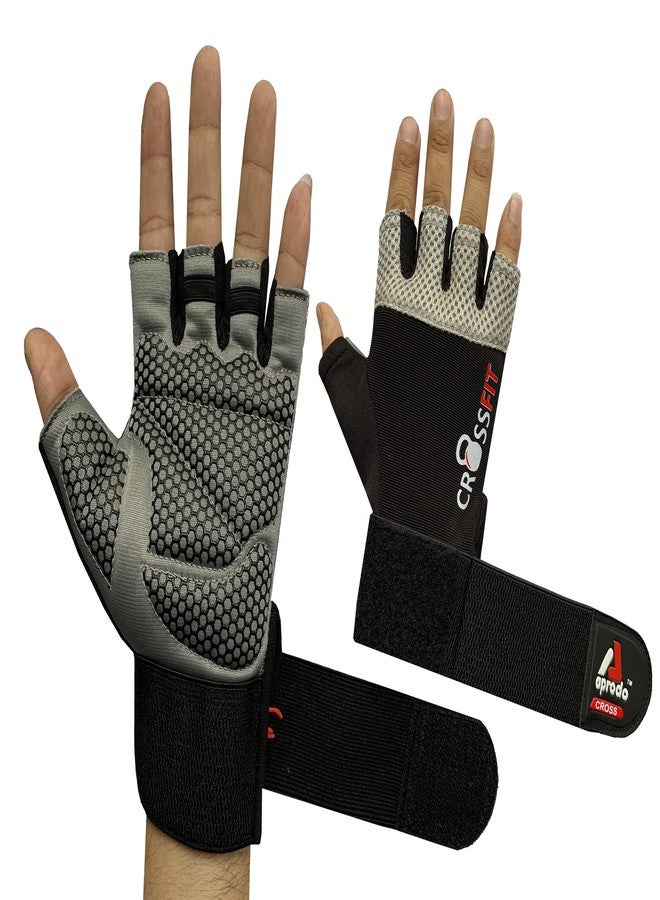 Aprodo Cross-Fitness Training and Workout Weight Lifting Gym Gloves, with Wrist Support, Unisex, Free Size (Grey Black) - Image 2