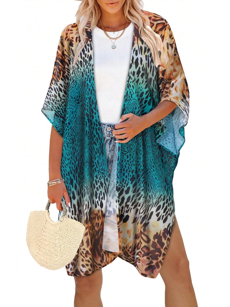 CHICGAL Womens Swimsuit Coverups Summer Loose Cardigans for Swimwear Lightweight Beach Kimono (Yellow Blue Leopard,M) - Image 1