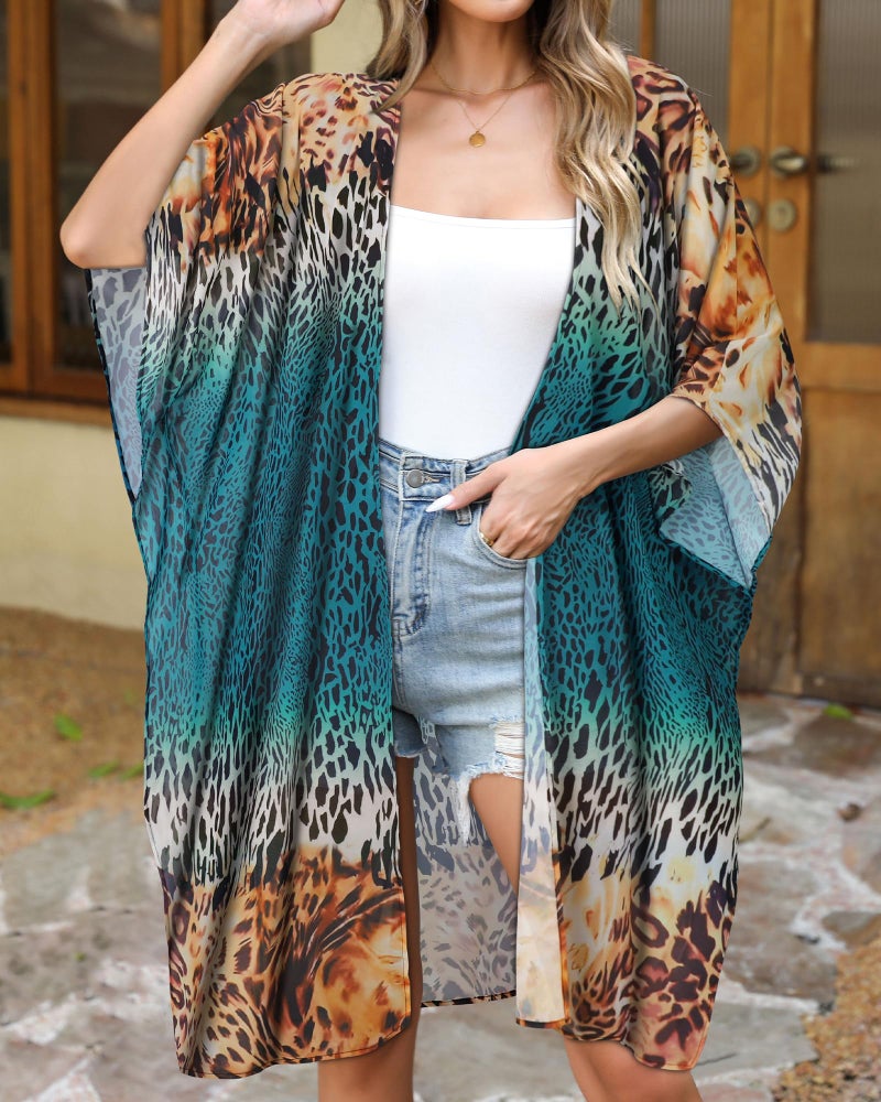 CHICGAL Womens Swimsuit Coverups Summer Loose Cardigans for Swimwear Lightweight Beach Kimono (Yellow Blue Leopard,M) - Image 3