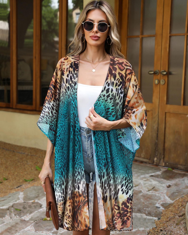 CHICGAL Womens Swimsuit Coverups Summer Loose Cardigans for Swimwear Lightweight Beach Kimono (Yellow Blue Leopard,M) - Image 2