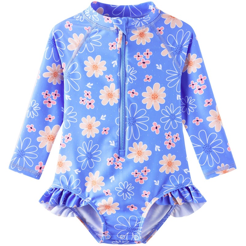 UMELOK Baby Girls One Piece Swimsuit UPF 50+ Sun Protection Floral Printed Long Sleeve Rash Guard Swim Suit Infant Swimwear with Zipper Lavender, Daisy,18M - Image 1