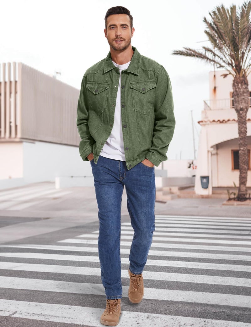 PEHMEA Men's Lined Flannel Denim Stylish Cowboy Trucker Coat Snap Button Rugged Western Shirts Jackets(Green-XL) - Image 3