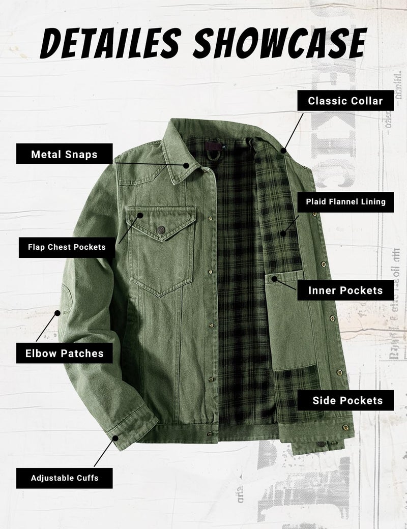 PEHMEA Men's Lined Flannel Denim Stylish Cowboy Trucker Coat Snap Button Rugged Western Shirts Jackets(Green-XL) - Image 5