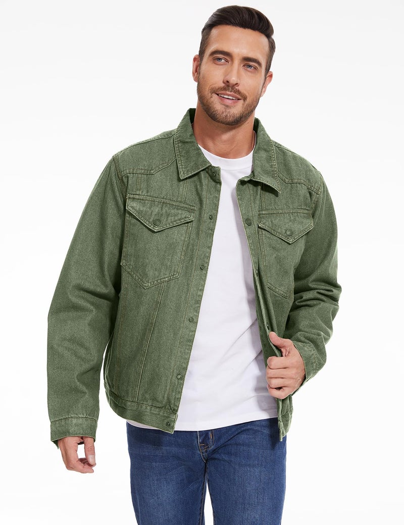 PEHMEA Men's Lined Flannel Denim Stylish Cowboy Trucker Coat Snap Button Rugged Western Shirts Jackets(Green-XL) - Image 2
