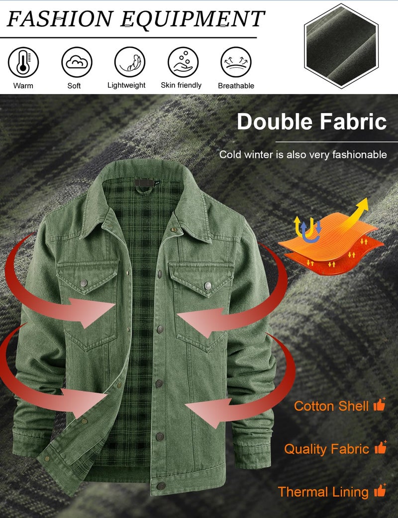 PEHMEA Men's Lined Flannel Denim Stylish Cowboy Trucker Coat Snap Button Rugged Western Shirts Jackets(Green-XL) - Image 4