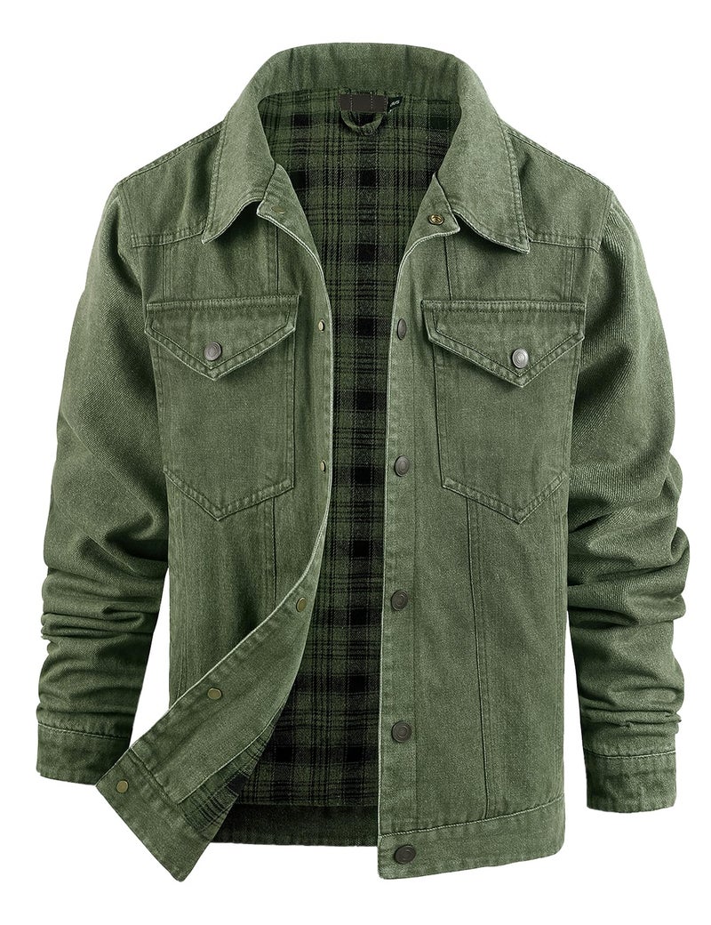 PEHMEA Men's Lined Flannel Denim Stylish Cowboy Trucker Coat Snap Button Rugged Western Shirts Jackets(Green-XL) - Image 1