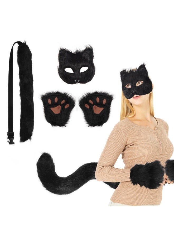 Black Fox Wolf Costume for Girls' Cat Roleplay at Holiday Parties Three-Piece Set: Mask, Gloves and Tail - Image 1
